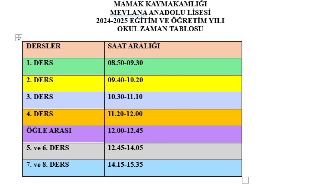 2024-2025 EĞİTİM ÖĞRETİM YILI DERS GİRİŞ ÇIKIŞ SAATLERİ